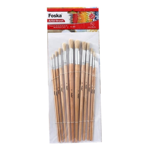 Pack of 12 Assorted Size Wooden Round Handle Bristle Hair Artist Paint Brush Set