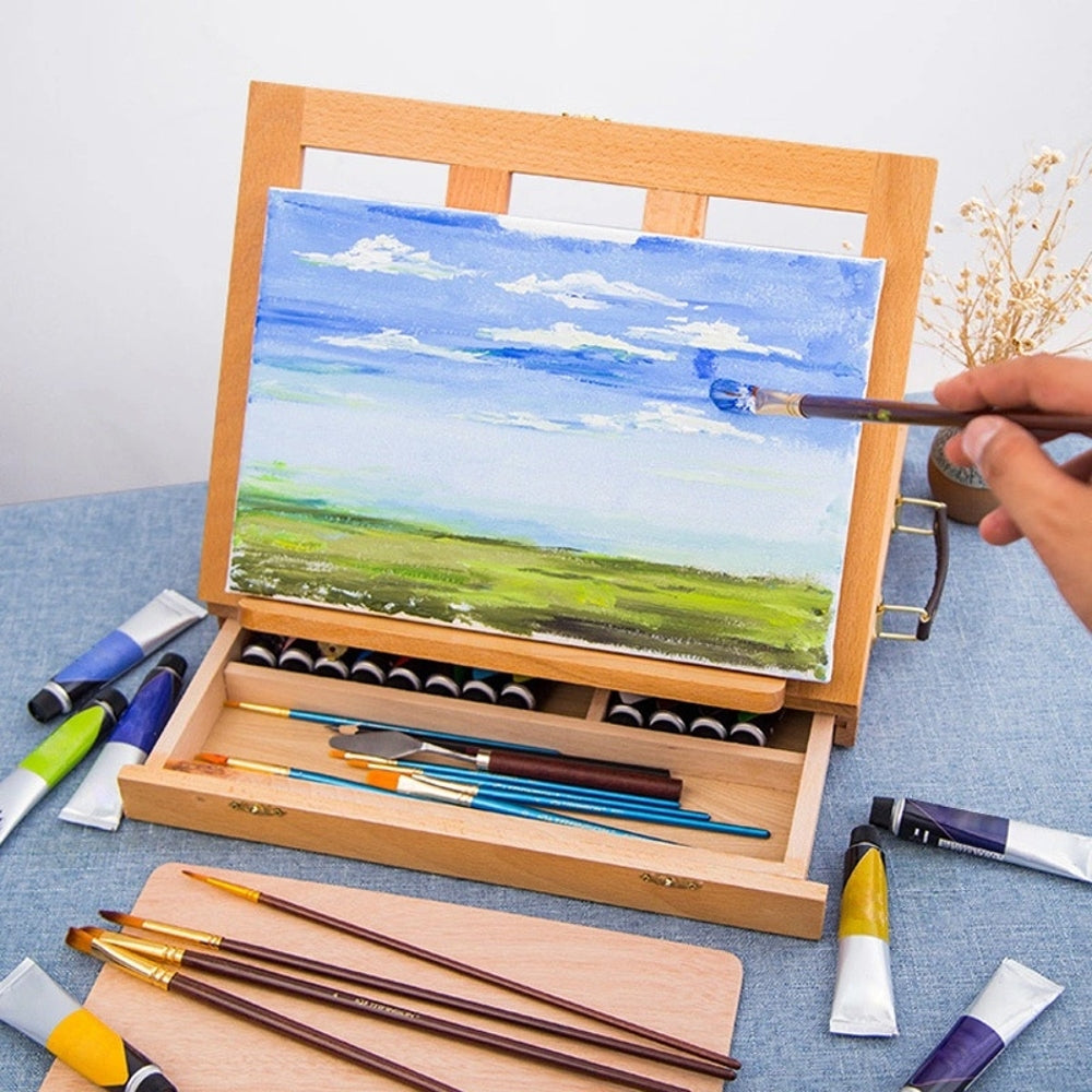 Desktop Art Beech Wood Painting Stand Display Easel with Storage 34.5 x 26 x 6.5cm 