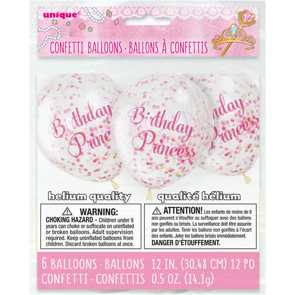 Pack of 6 Pink Princess Clear Latex Balloons with Confetti 12"