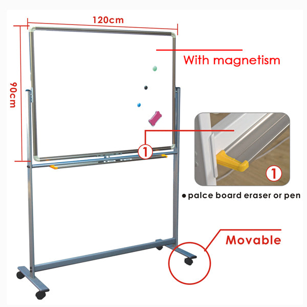 Double Side Movable Magnetic Whiteboard with Frame 90 x 120cm