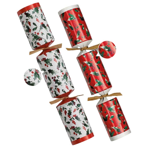 Pack of 100 10" Red & White Holly Christmas Crackers