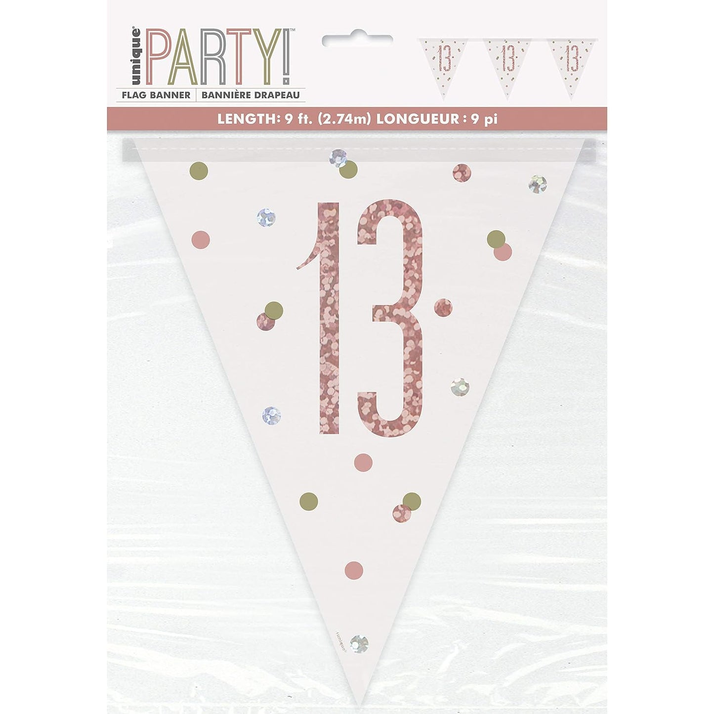 9ft Birthday Rose Gold Glitz Number 13 Prism Pennant Banner