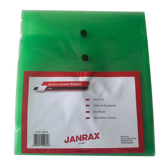 Pack of 12 A5 Green Document Wallets by Janrax