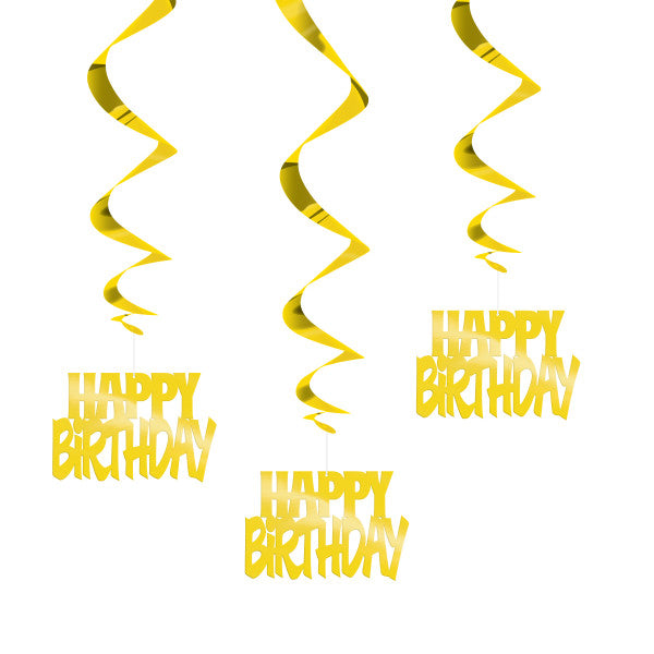 Pack of 3 32" Happy Birthday Gold Foil Hanging Swirl Decorations