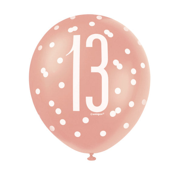 Pack of 6 12" Birthday Rose Gold Glitz Number 13 Latex Balloons