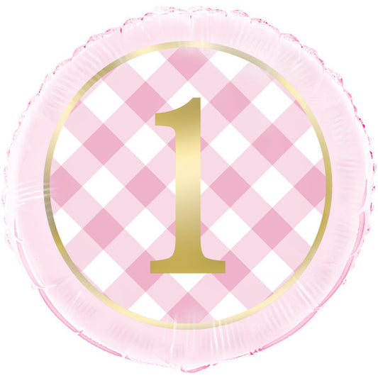 Pink Gingham 1st Birthday Round Foil Balloon 18"