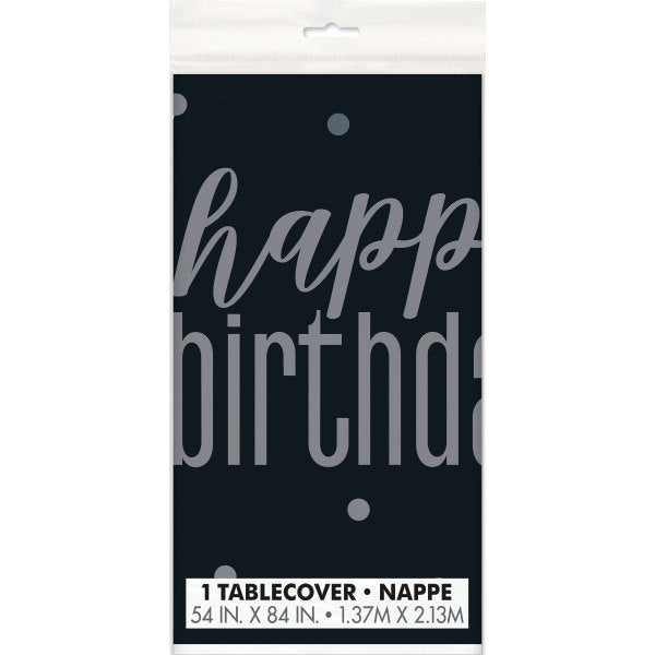 Glitz Black & Silver "Happy Birthday" Plastic Table Cover, 54"x84"