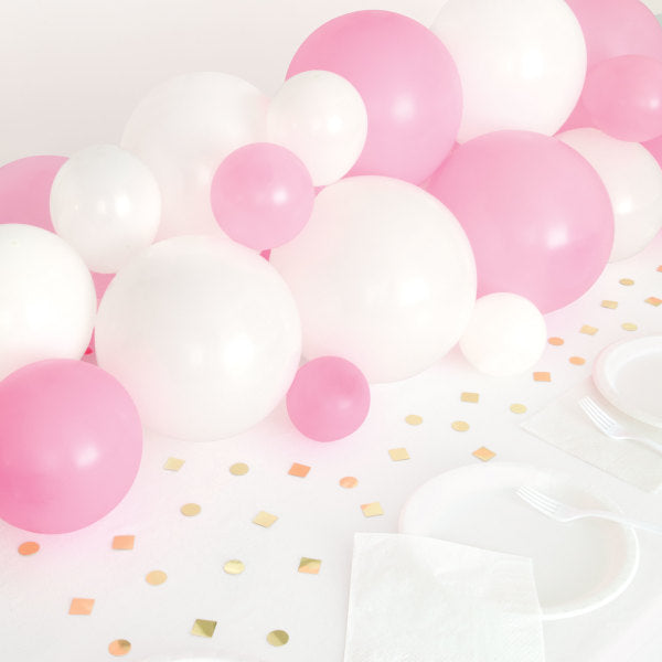 Pink, White & Gold Balloon Garland Table Runner with Foil Confetti Cutouts