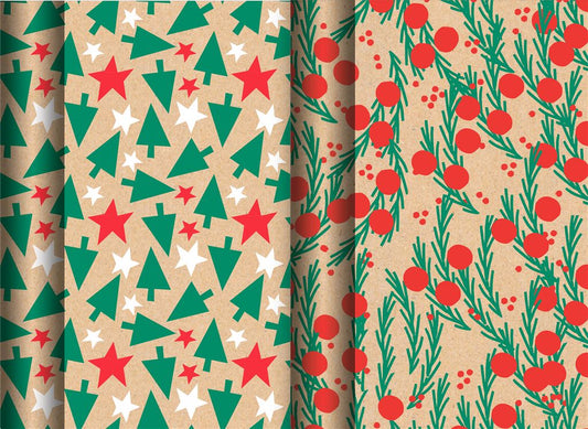 Pack of 4 3m Christmas Tree and Spring Design Gift Wrap Rolls