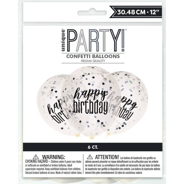 Pack of 6 12" Clear Printed Glitz "Happy Birthday" Balloons with Confetti, Black & Silver