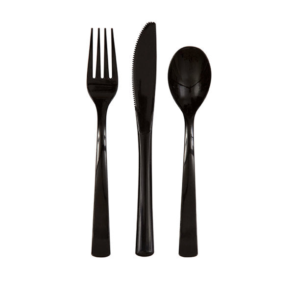 Pack of 18 Midnight Black Solid Assorted Plastic Cutlery