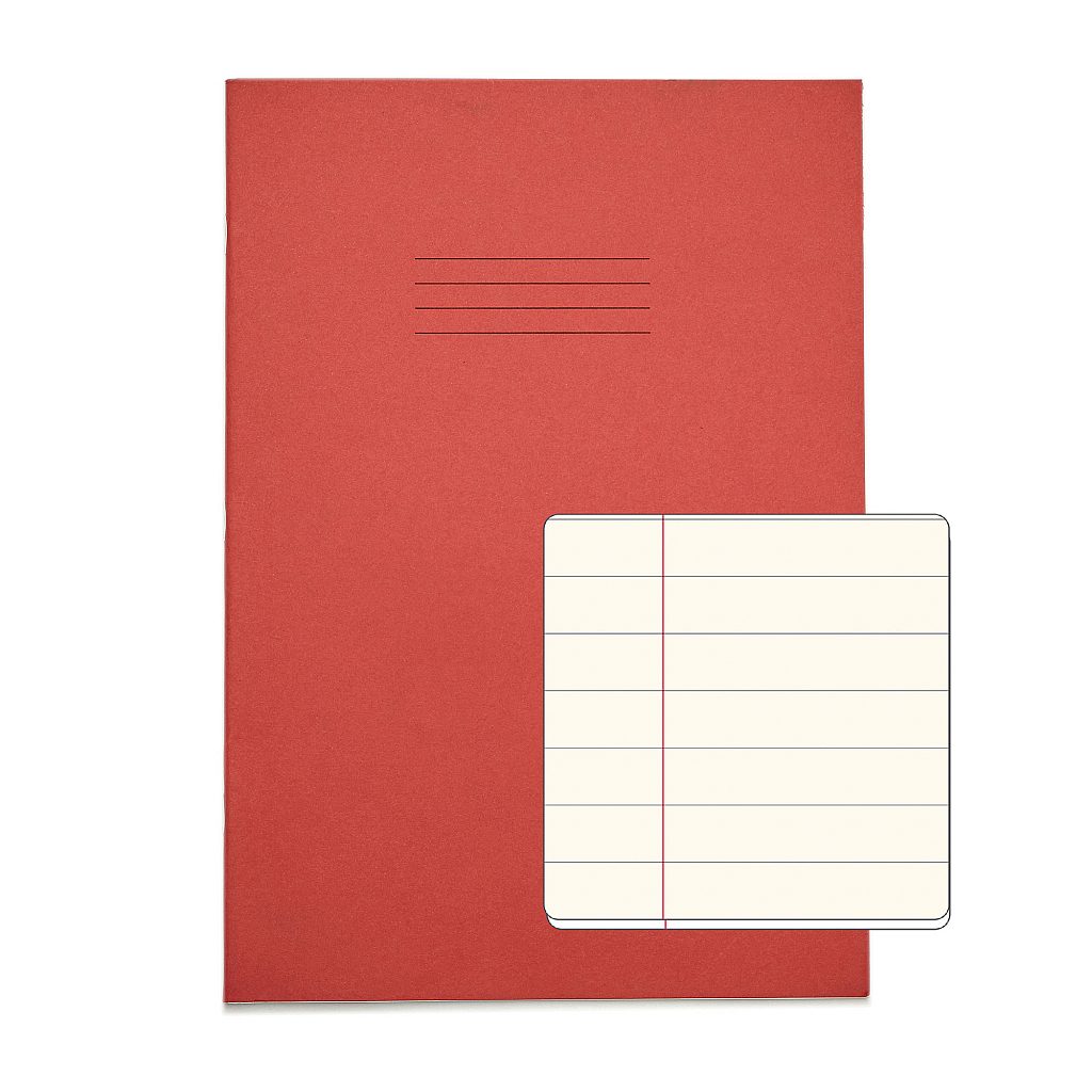 Rhino A4 48 Page Red with Cream Tinted Paper 12mm Lined with Margin Exercise Book