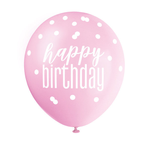 Pack of 6 12" Glitz Petal Pink, Spring Lavender, & White Latex Balloons "Happy Birthday"