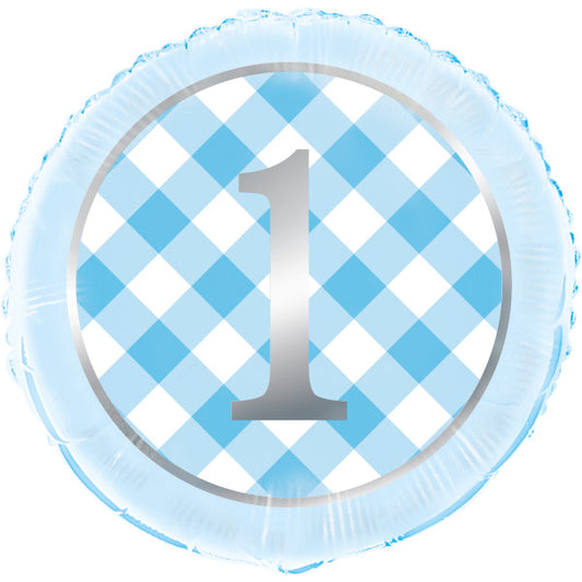 Blue Gingham 1st Birthday Round Foil Balloon 18"