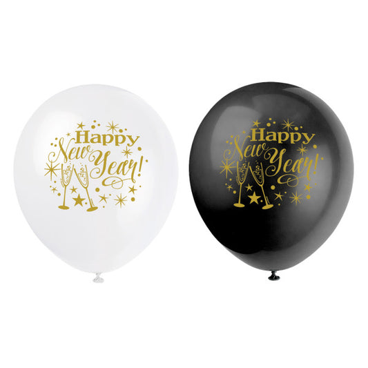 Pack of 8 Glittering New Year 12" Latex Balloons