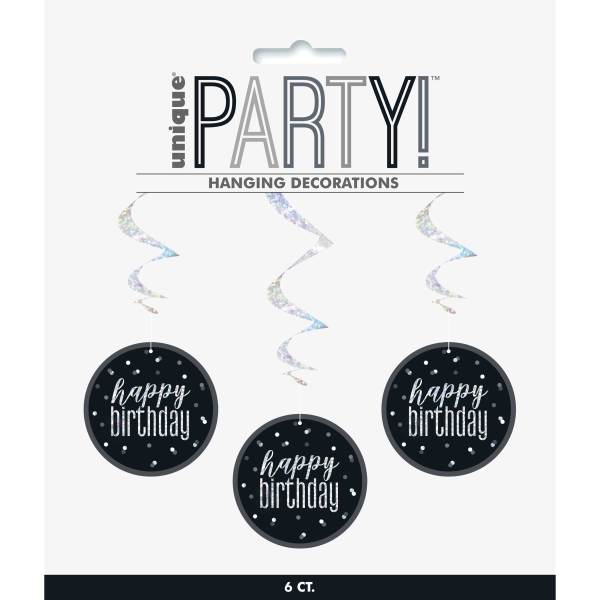 Pack of 6 32" Glitz Black & Silver "Happy Birthday" Hanging Swirls