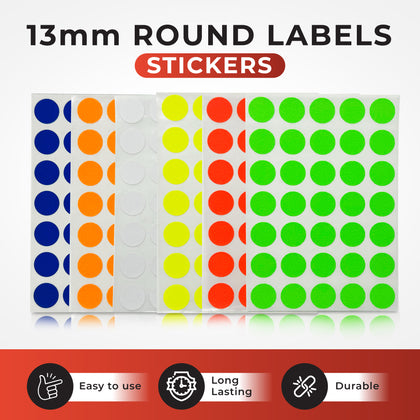 Pack of 140 Assorted Colour 13mm Round Labels - Stickers
