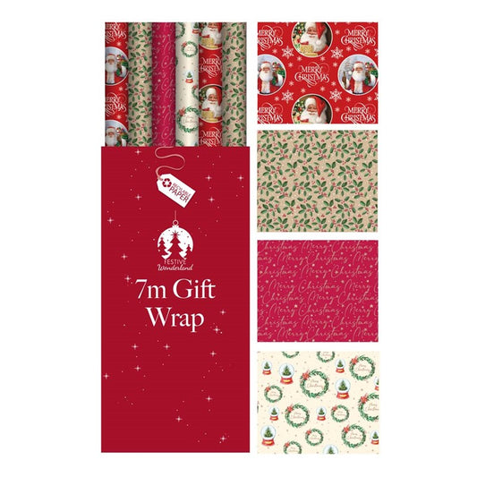 Single 7m Traditional Christmas Design Gift Wrap Roll