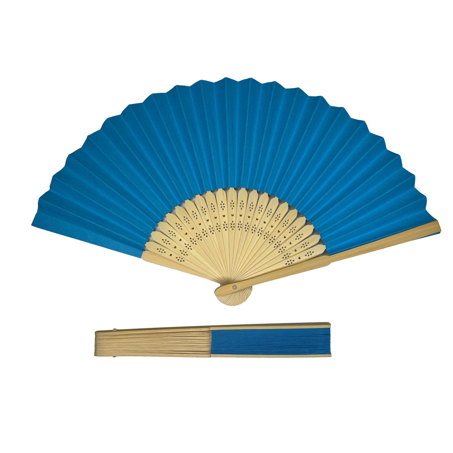 Blue Paper Foldable Hand Held Bamboo Wooden Fan by Parev