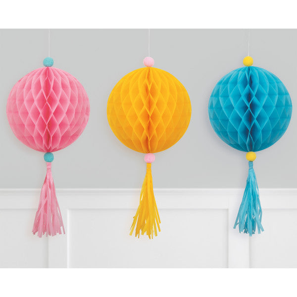 Pack of 3 Pink, Yellow & Blue Tissue Ball & Tassel Ornament Decoration Kit