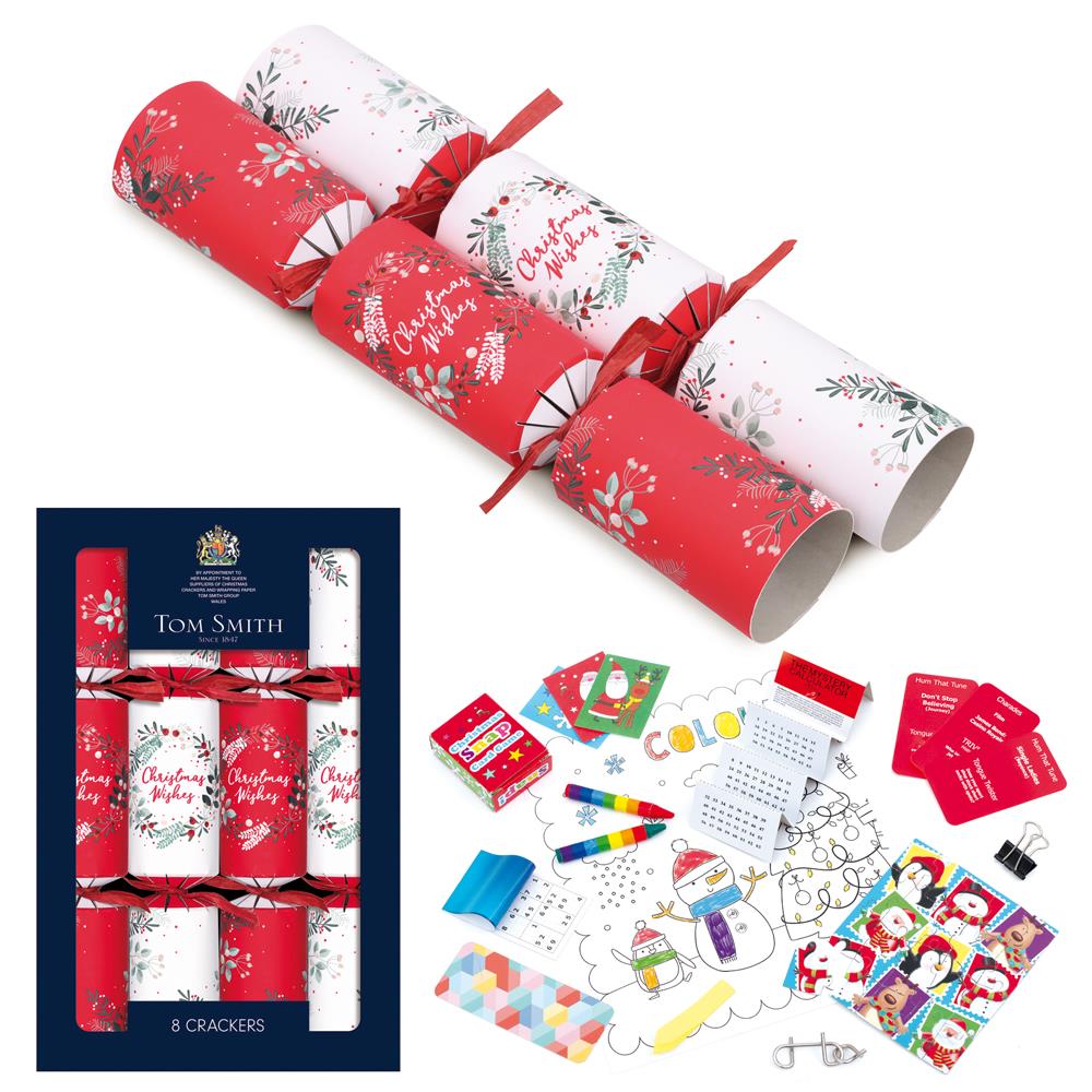 Pack of 8 12.5" Traditional Design Red and White Christmas Family Crackers