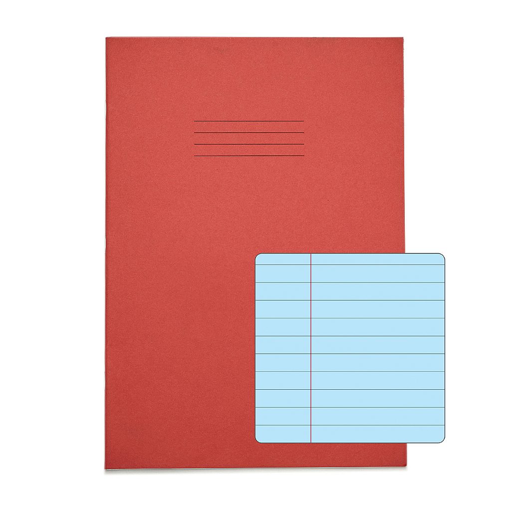 Rhino A4 48 Page Red with Blue Tinted Paper 8mm Lined with Margin Exercise Book