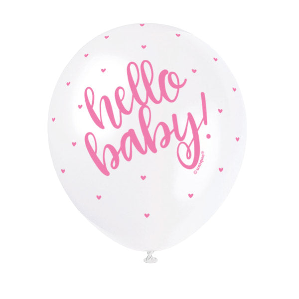 Pack of 5 Pink "Hello Baby" 12" Latex Balloons