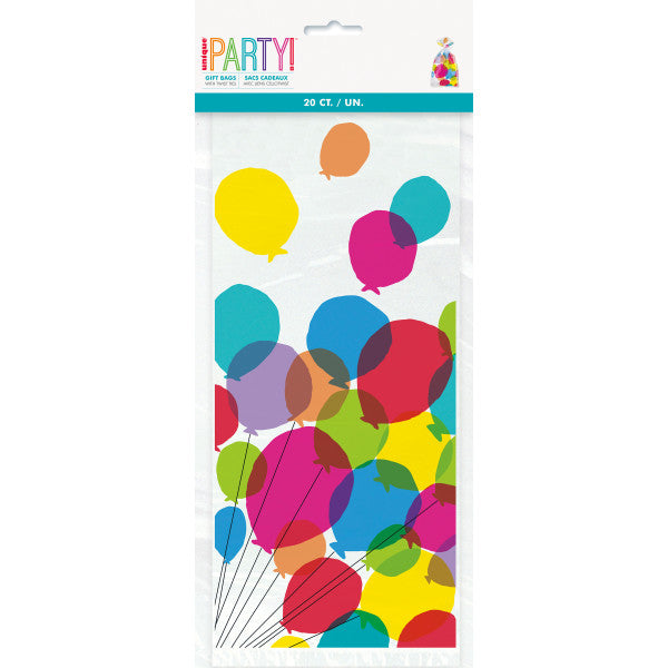 Pack of 20 Balloons & Rainbow Birthday Cellophane Bags, 5"x11"