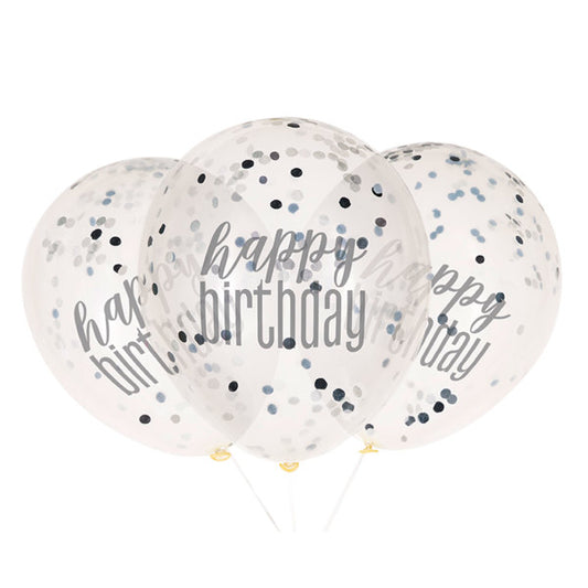 Pack of 6 12" Clear Printed Glitz "Happy Birthday" Balloons with Confetti, Black & Silver