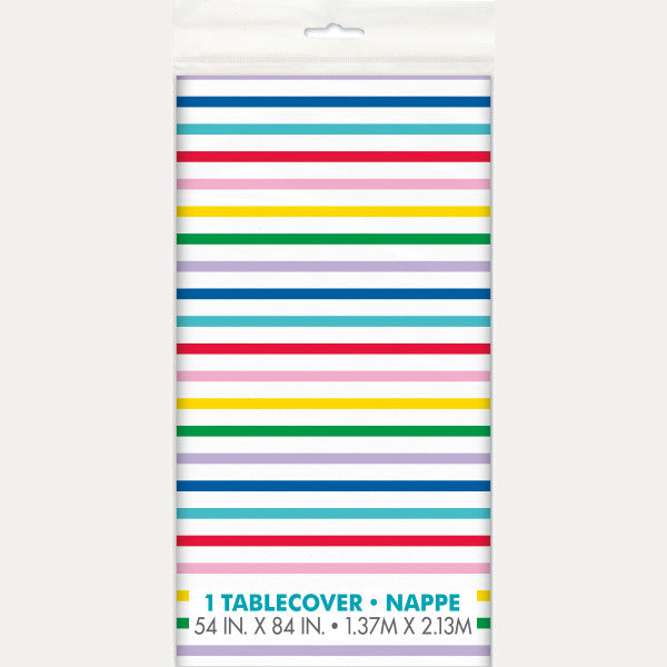 Primary Striped Plastic Table Cover, 54"x84"