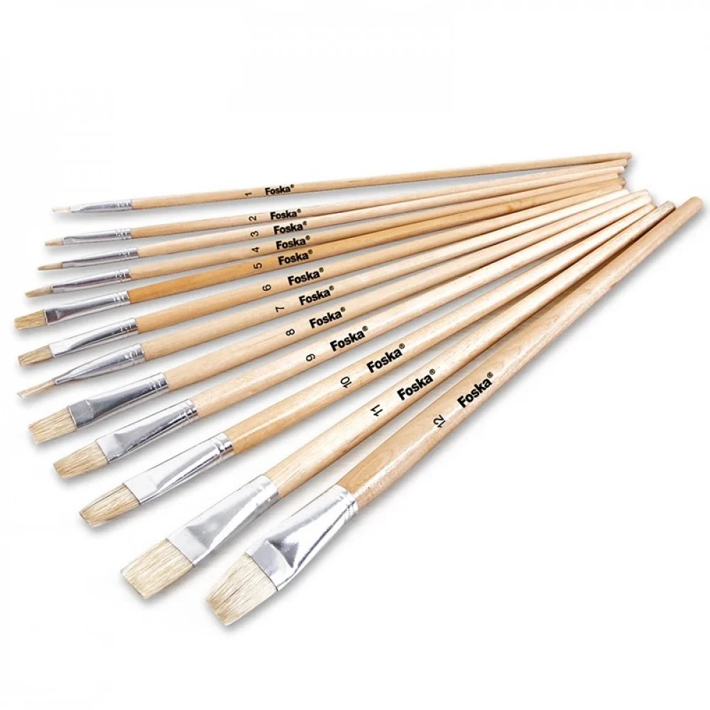 Pack of 12 Assorted Size Wooden Handle Bristle Hair Artist Paint Brush Set