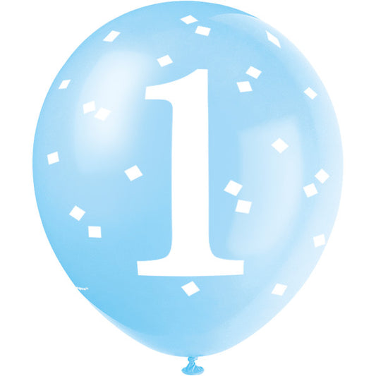 Pack of 5 Blue Gingham 1st Birthday 12" Latex Balloons