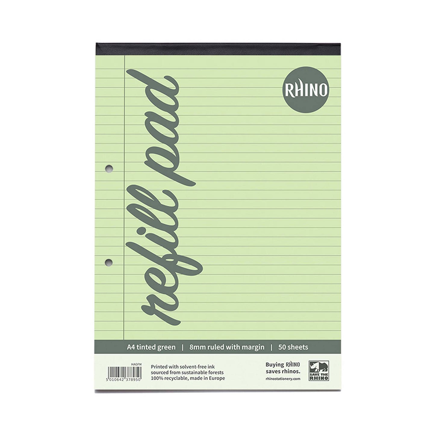 Rhino A4 Green Paper 100 Page 8mm Lined with Margin Refill Pad