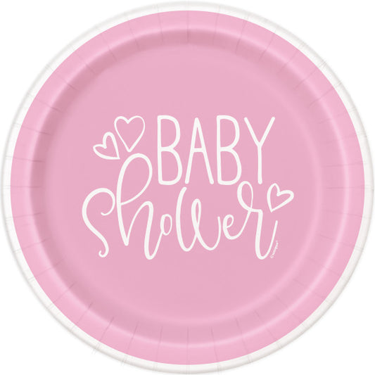 Pack of 8 Pink Hearts Baby Shower Round 9" Dinner Plates