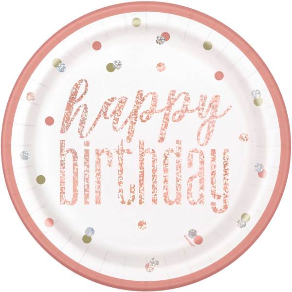 Pack of 8 Rose Gold Glitz Prismatic Foil "Happy Birthday" Round 9" Dinner Plates