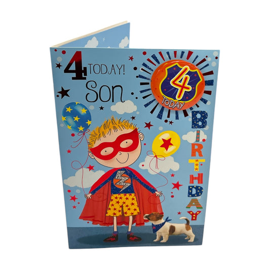 For Son Age 4 Superhero Theme Juvenile Birthday Card With Badge