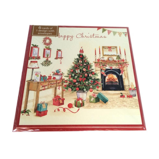 Pack of 6 'Traditional Fire & Stockings' Design Christmas Greeting Cards