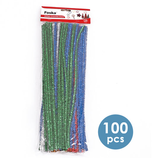 Pack of 100 Assorted Glitter Chenille Stem Pipe Cleaners 0.6 x 30cm