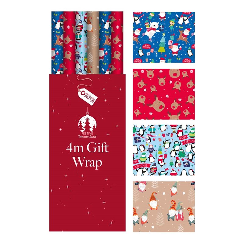 Single 4m Cute Christmas Design Kids Gift Wrap Roll