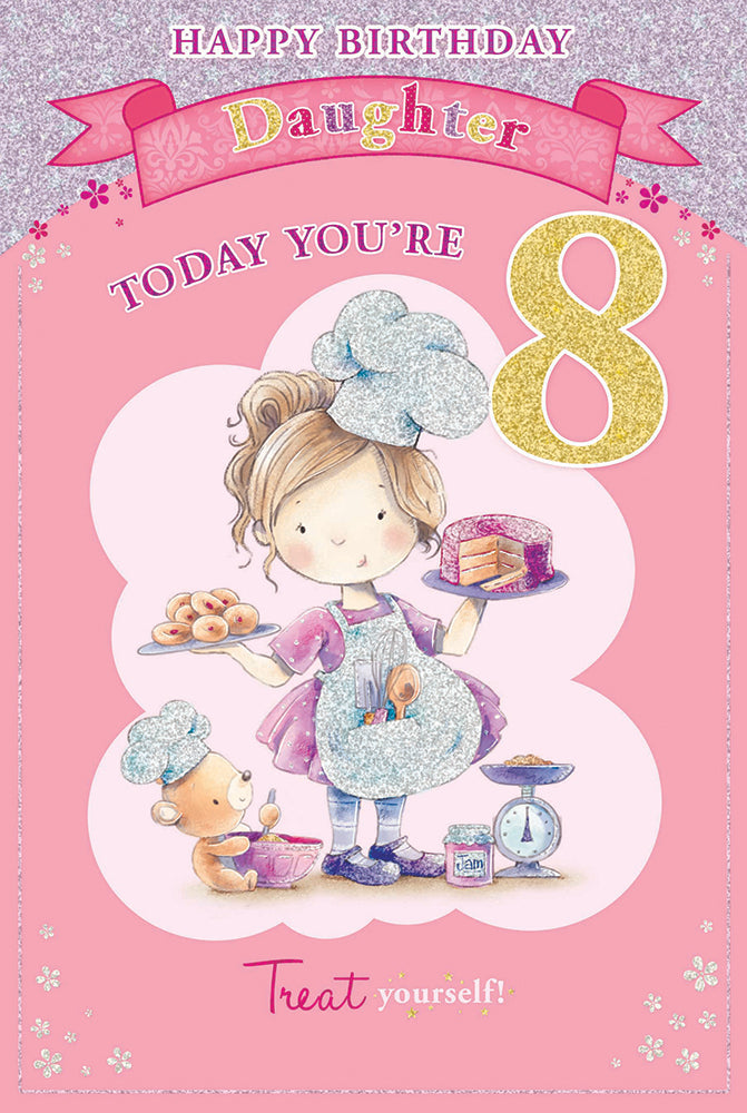 Little Girl & Bear Baking Daughter 8th Candy Club Birthday Card