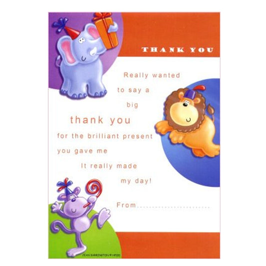 Pack of 20 Elephant, Lion, Monkey Jungle Thank You Sheets