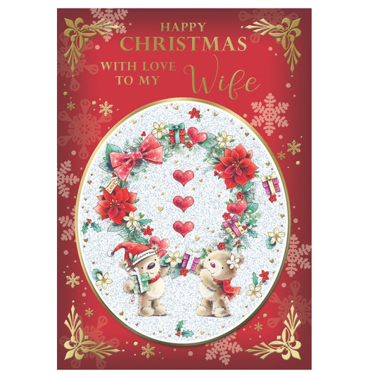 With Love to My Wife Bears Holding Wreath Design Christmas Card