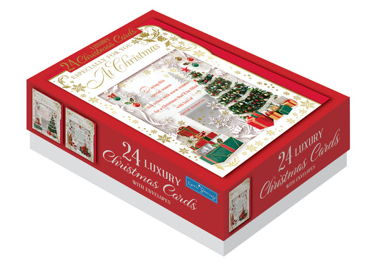 Box of 24 Christmas Tree and Wine Bottle Design Luxury Portrait Christmas Cards With Envelopes