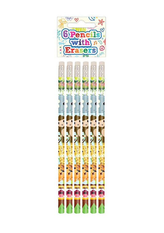 Pack of 6 Jungle Design Pencils with Erasers