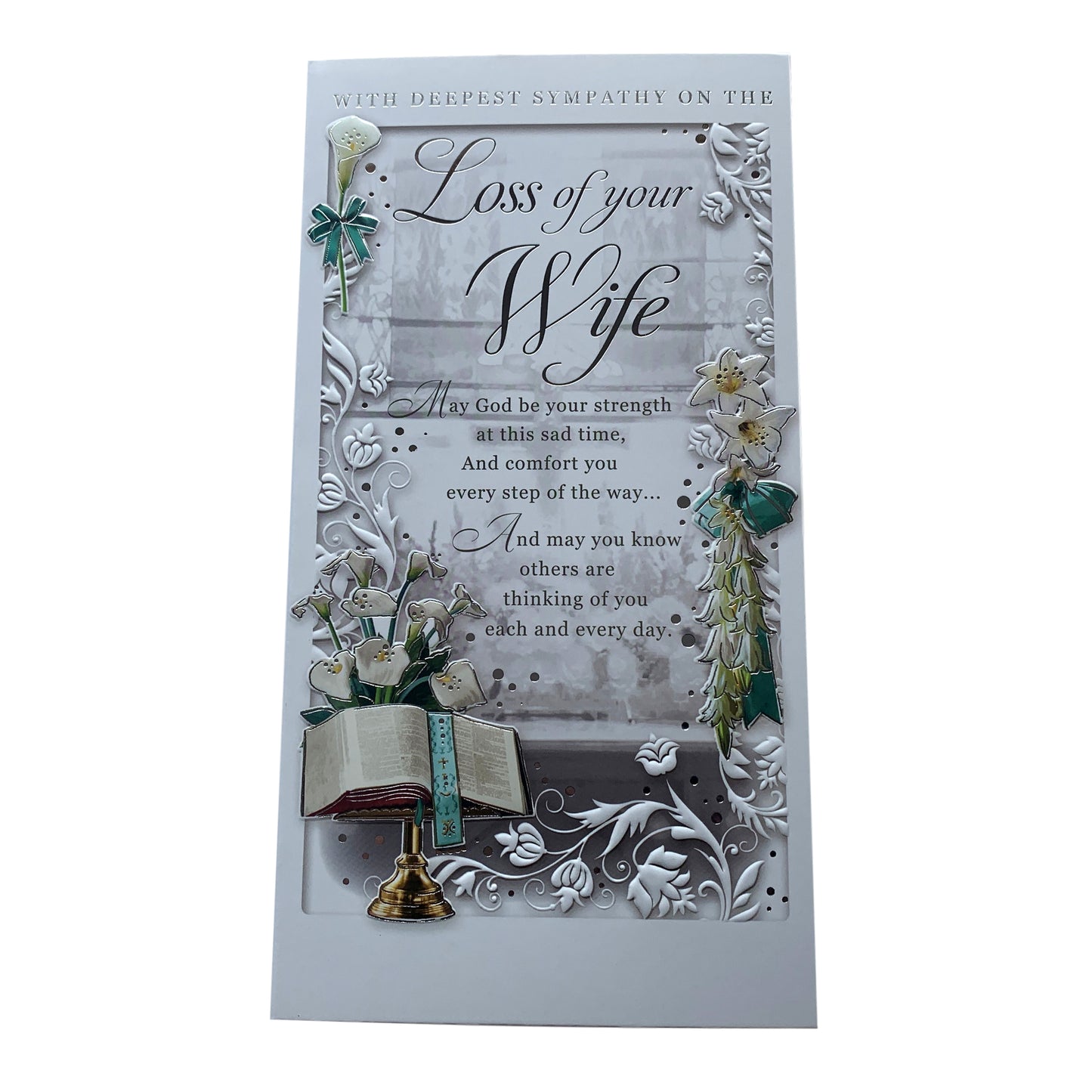 Loss of Wife Bible and Lily Flower Design Sympathy Opacity Card