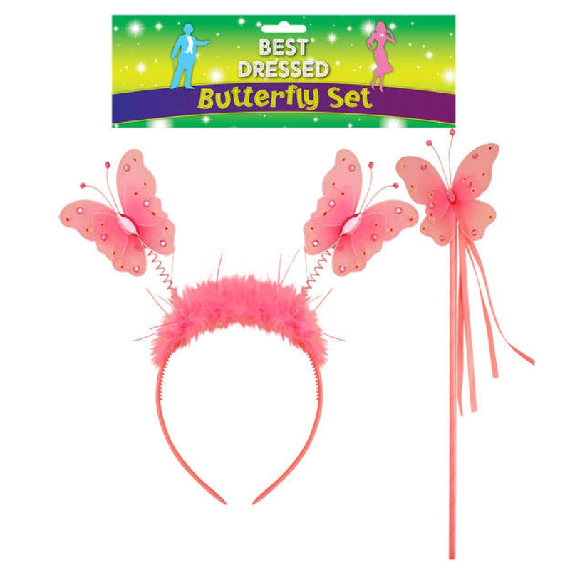 Pack of 2 Pink Butterfly Fairy Princess Wand with Pink Fur Headband