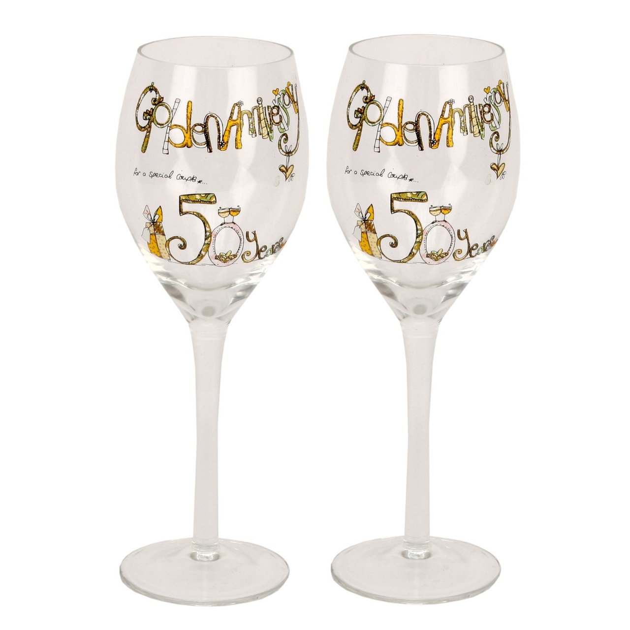 Tracey Russell Pair Glasses Wine 50th Anniversary