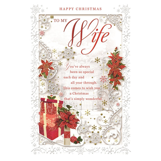 To My Wife Poinsettias and Gifts Design Christmas Card