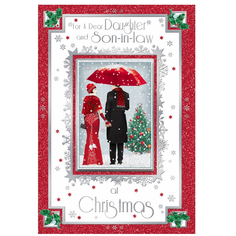 For a Dear Daughter and Son In Law Lovely Couple Under Umbrella Design Christmas Card