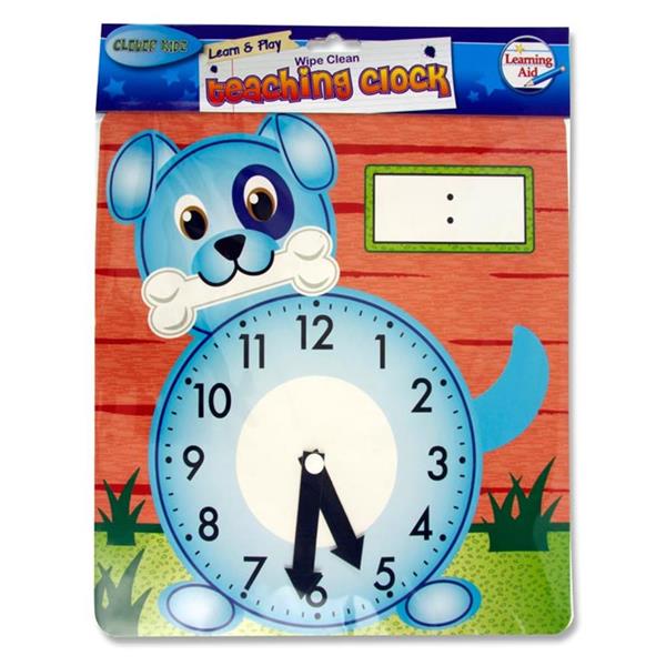 Wipe-clean 25.5 x 26.5cm 'Dog' Teaching Clock by Clever Kidz